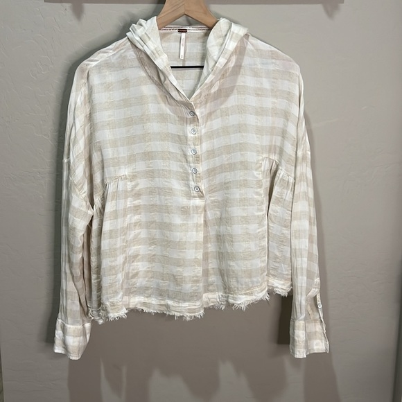 Free People Hood Blouse Plaid Check Jacket Crop Let It All Gingham Cottage core - Picture 1 of 12